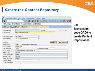 [ Create the Content Repository

                                    Use
                                    Transaction
                                    code OAC0 to
                                    create Content
                                    Repositories




 Real Experience. Real Advantage.
 