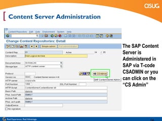 [ Content Server Administration

                                    The SAP Content
                                    Server is
                                    Administered in
                                    SAP via T-code
                                    CSADMIN or you
                                    can click on the
                                    “CS Admin”




 Real Experience. Real Advantage.
 