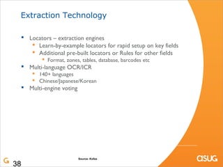 Extraction Technology

  Locators – extraction engines
     Learn-by-example locators for rapid setup on key fields
    ...