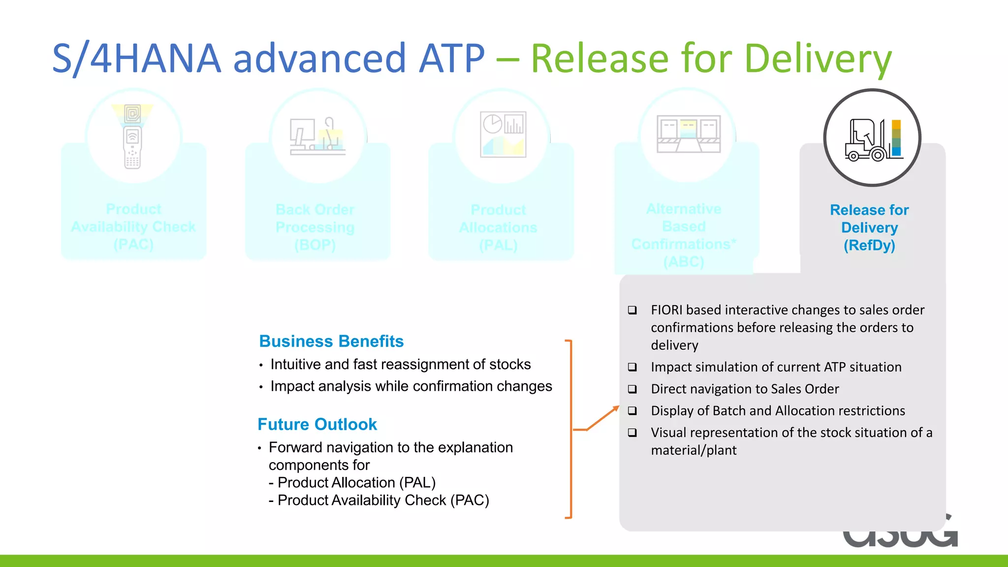 S/4HANA advanced ATP – Release for Delivery
❑ FIORI based interactive changes to sales order
confirmations before releasing the orders to
delivery
❑ Impact simulation of current ATP situation
❑ Direct navigation to Sales Order
❑ Display of Batch and Allocation restrictions
❑ Visual representation of the stock situation of a
material/plant
Business Benefits
• Intuitive and fast reassignment of stocks
• Impact analysis while confirmation changes
Future Outlook
• Forward navigation to the explanation
components for
- Product Allocation (PAL)
- Product Availability Check (PAC)
Back Order
Processing
(BOP)
Back Order
Processing
(BOP)
Product
Allocations (PAL)
Product
Allocations
(PAL)
Alternative
Based
Confirmations*
(ABC)
Alternative
Based
Confirmations*
(ABC)
Release for
Delivery
(RefDy)
Product
Availability Check
(PAC)
 