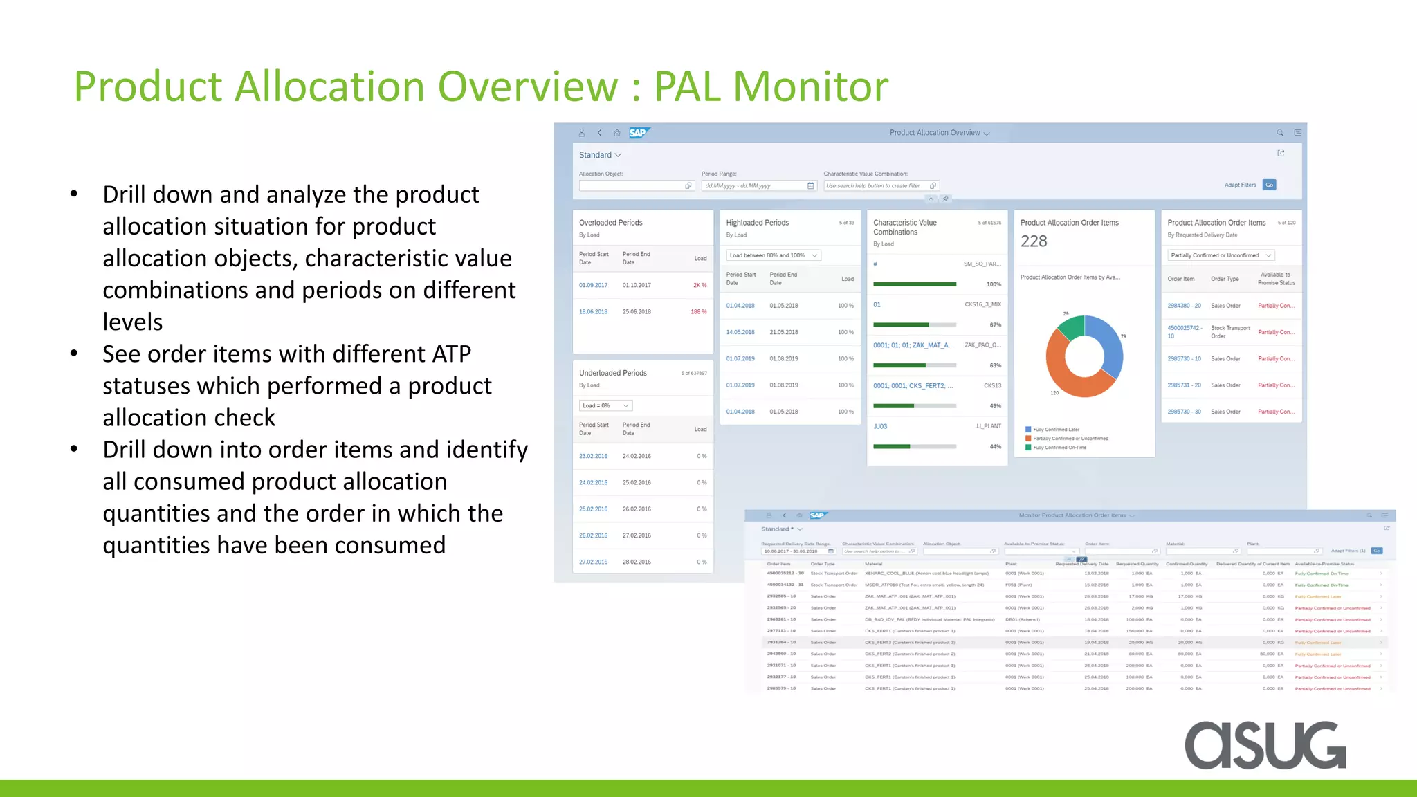 Product Allocation Overview : PAL Monitor
• Drill down and analyze the product
allocation situation for product
allocation objects, characteristic value
combinations and periods on different
levels
• See order items with different ATP
statuses which performed a product
allocation check
• Drill down into order items and identify
all consumed product allocation
quantities and the order in which the
quantities have been consumed
 