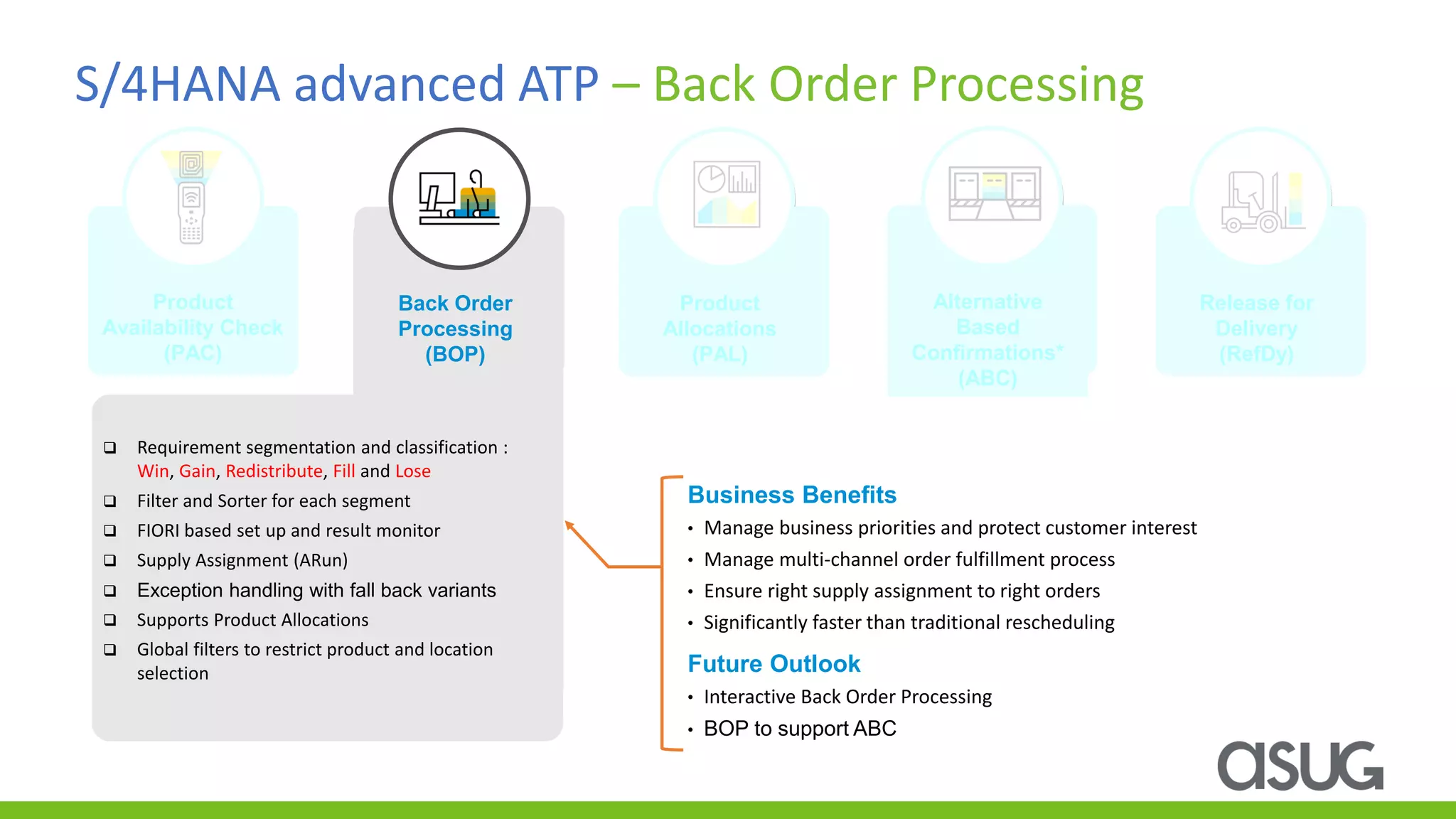 S/4HANA advanced ATP – Back Order Processing
Business Benefits
• Manage business priorities and protect customer interest
• Manage multi-channel order fulfillment process
• Ensure right supply assignment to right orders
• Significantly faster than traditional rescheduling
Future Outlook
• Interactive Back Order Processing
• BOP to support ABC
❑ Requirement segmentation and classification :
Win, Gain, Redistribute, Fill and Lose
❑ Filter and Sorter for each segment
❑ FIORI based set up and result monitor
❑ Supply Assignment (ARun)
❑ Exception handling with fall back variants
❑ Supports Product Allocations
❑ Global filters to restrict product and location
selection
Release for
Delivery
(RefDy)
Release for
Delivery
(RefDy)
Product
Allocations (PAL)
Product
Allocations
(PAL)
Alternative
Based
Confirmations*
(ABC)
Alternative
Based
Confirmations*
(ABC)
Back Order
Processing
(BOP)
Product
Availability Check
(PAC)
 