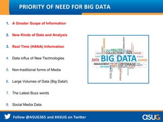 1. A Greater Scope of Information
2. New Kinds of Data and Analysis
3. Real Time (HANA) Information
4. Data influx of New Technologies
5. Non-traditional forms of Media
6. Large Volumes of Data (Big Data!)
7. The Latest Buzz words
8. Social Media Data
PRIORITY OF NEED FOR BIG DATA
 