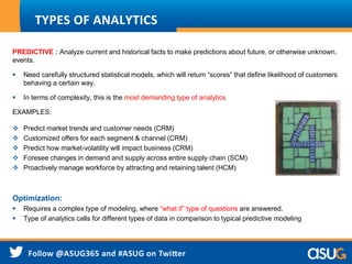 TYPES OF ANALYTICS
PREDICTIVE : Analyze current and historical facts to make predictions about future, or otherwise unknown,
events.
 Need carefully structured statistical models, which will return “scores” that define likelihood of customers
behaving a certain way.
 In terms of complexity, this is the most demanding type of analytics
EXAMPLES:
 Predict market trends and customer needs (CRM)
 Customized offers for each segment & channel (CRM)
 Predict how market-volatility will impact business (CRM)
 Foresee changes in demand and supply across entire supply chain (SCM)
 Proactively manage workforce by attracting and retaining talent (HCM)
Optimization:
 Requires a complex type of modeling, where “what if” type of questions are answered.
 Type of analytics calls for different types of data in comparison to typical predictive modeling
 