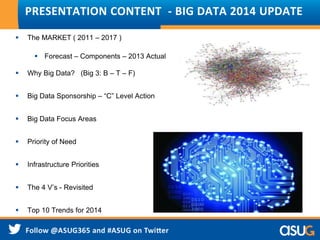  The MARKET ( 2011 – 2017 )
 Forecast – Components – 2013 Actual
 Why Big Data? (Big 3: B – T – F)
 Big Data Sponsorship – “C” Level Action
 Big Data Focus Areas
 Priority of Need
 Infrastructure Priorities
 The 4 V’s - Revisited
 Top 10 Trends for 2014
PRESENTATION CONTENT - BIG DATA 2014 UPDATE
 