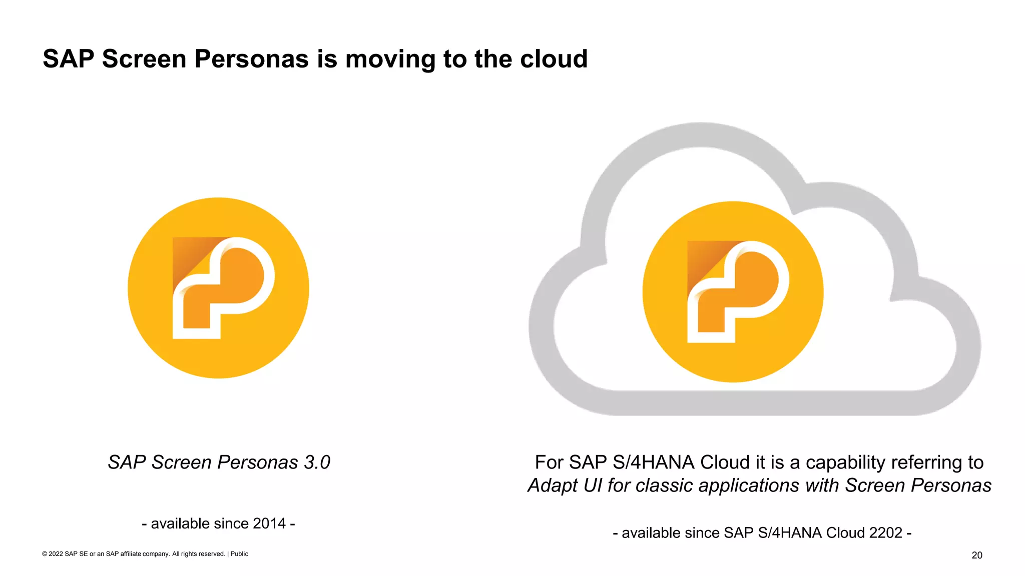 20
© 2022 SAP SE or an SAP affiliate company. All rights reserved. | Public
SAP Screen Personas is moving to the cloud
For SAP S/4HANA Cloud it is a capability referring to
Adapt UI for classic applications with Screen Personas
- available since SAP S/4HANA Cloud 2202 -
SAP Screen Personas 3.0
- available since 2014 -
 