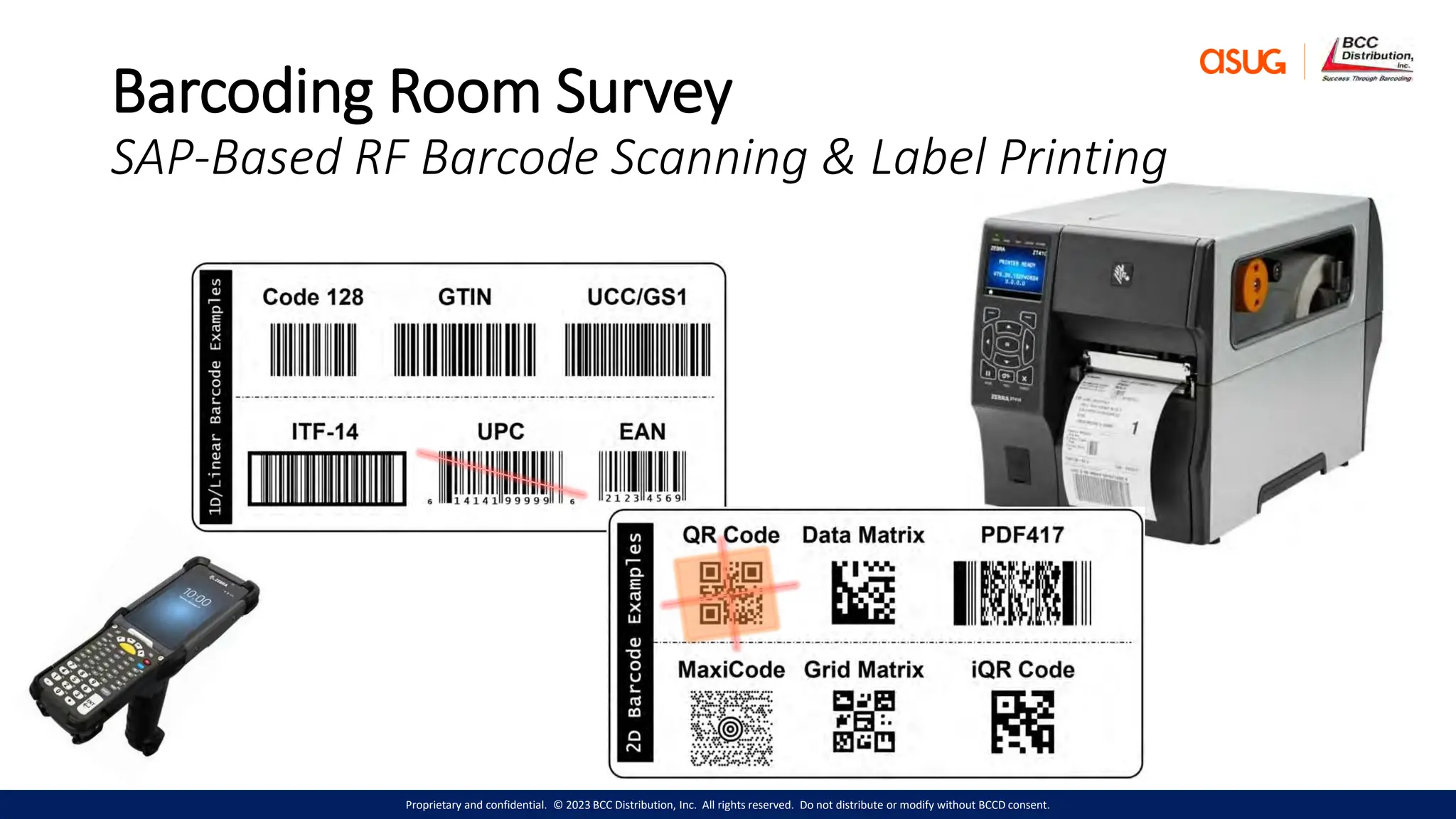 Proprietary and confidential. © 2023 BCC Distribution, Inc. All rights reserved. Do not distribute or modify without BCCD consent.
Barcoding Room Survey
SAP-Based RF Barcode Scanning & Label Printing
 