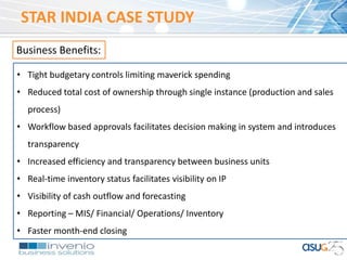 STAR INDIA CASE STUDY
Business Benefits:
• Tight budgetary controls limiting maverick spending
• Reduced total cost of ownership through single instance (production and sales
process)
• Workflow based approvals facilitates decision making in system and introduces
transparency
• Increased efficiency and transparency between business units
• Real-time inventory status facilitates visibility on IP
• Visibility of cash outflow and forecasting
• Reporting – MIS/ Financial/ Operations/ Inventory
• Faster month-end closing
 