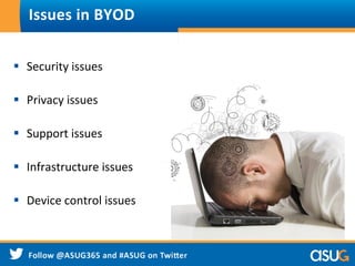 Issues	
  in	
  BYOD	
  
§  Security	
  issues	
  
§  Privacy	
  issues	
  
§  Support	
  issues	
  
§  Infrastructure	
  issues	
  
§  Device	
  control	
  issues	
  
 