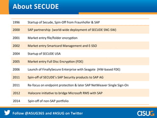 About	
  SECUDE	
  
1996	
   Startup	
  of	
  Secude,	
  Spin-­‐Oﬀ	
  from	
  Fraunhofer	
  &	
  SAP	
  
2000	
   SAP	
  partnership	
  	
  (world-­‐wide	
  deployment	
  of	
  SECUDE	
  SNC-­‐SW)	
  
2001	
   Market	
  entry	
  ﬁle/folder	
  encrypWon	
  
2002	
   Market	
  entry	
  Smartcard	
  Management	
  and	
  E-­‐SSO	
  
2004	
   Startup	
  of	
  SECUDE	
  USA	
  
2005	
   Market	
  entry	
  Full	
  Disc	
  EncrypWon	
  (FDE)	
  
2006	
   Launch	
  of	
  FinallySecure	
  Enterprise	
  with	
  Seagate	
  	
  (HW-­‐based	
  FDE)	
  
2011	
   Spin-­‐oﬀ	
  of	
  SECUDE’s	
  SAP	
  Security	
  products	
  to	
  SAP	
  AG	
  
2011	
   Re-­‐focus	
  on	
  endpoint	
  protecWon	
  &	
  later	
  SAP	
  NetWeaver	
  Single	
  Sign-­‐On	
  
2012	
   Halocore	
  iniWaWve	
  to	
  bridge	
  Microso]	
  RMS	
  with	
  SAP	
  
2014	
   Spin-­‐oﬀ	
  of	
  non-­‐SAP	
  por^olio	
  
 