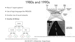 ASU GSV 2019 - AI Masterclass - Sergey Karayev
https://www.researchgate.net/publication/3193351_Vision_for_Mobile_Robot_Navigation_A_Surve
1980s and 1990s
• Rise of "expert systems"
• Use of logic languages like PROLOG
• Another rise of neural networks
• Another AI Winter
https://becominghuman.ai/decision-trees-in-machine-learning-f362b296594a
 