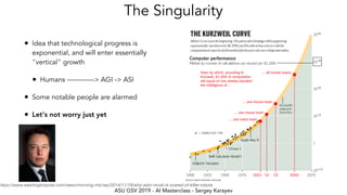ASU GSV 2019 - AI Masterclass - Sergey Karayev
The Singularity
• Idea that technological progress is
exponential, and will enter essentially
"vertical" growth
• Humans ------------> AGI -> ASI
• Some notable people are alarmed
• Let's not worry just yet
https://www.washingtonpost.com/news/morning-mix/wp/2014/11/18/why-elon-musk-is-scared-of-killer-robots
 