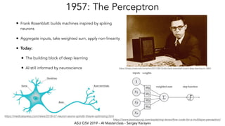 ASU GSV 2019 - AI Masterclass - Sergey Karayev
1957: The Perceptron
• Frank Rosenblatt builds machines inspired by spiking
neurons
• Aggregate inputs, take weighted sum, apply non-linearity
• Today:
• The building block of deep learning
• AI still informed by neuroscience https://blogs.umass.edu/comphon/2017/06/15/did-frank-rosenblatt-invent-deep-learning-in-1962/
https://medicalxpress.com/news/2018-07-neuron-axons-spindly-theyre-optimizing.html
https://www.jessicayung.com/explaining-tensorﬂow-code-for-a-multilayer-perceptron/
 
