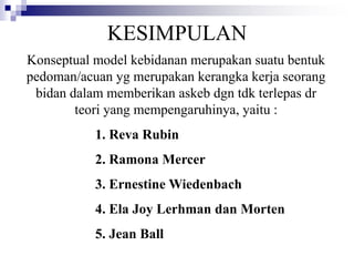 KESIMPULAN
Konseptual model kebidanan merupakan suatu bentuk
pedoman/acuan yg merupakan kerangka kerja seorang
bidan dalam memberikan askeb dgn tdk terlepas dr
teori yang mempengaruhinya, yaitu :
1. Reva Rubin
2. Ramona Mercer
3. Ernestine Wiedenbach
4. Ela Joy Lerhman dan Morten
5. Jean Ball
 