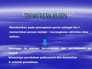 Menekankan pada pencapaian peran sebagai ibu
memerlukan proses belajar serangkaian aktivitas atau
latihan.
Sehingga ia mampu beradaptasi dgn perubahan2 yg
terjadi
khususnya perubahan psikososial dlm kehamilan
& setelah persalinan.
 