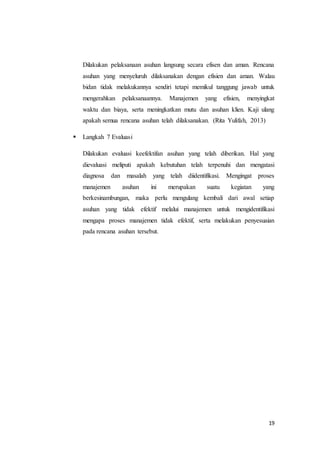 19
Dilakukan pelaksanaan asuhan langsung secara efisen dan aman. Rencana
asuhan yang menyeluruh dilaksanakan dengan efisien dan aman. Walau
bidan tidak melakukannya sendiri tetapi memikul tanggung jawab untuk
mengerahkan pelaksanaannya. Manajemen yang efisien, menyingkat
waktu dan biaya, serta meningkatkan mutu dan asuhan klien. Kaji ulang
apakah semua rencana asuhan telah dilaksanakan. (Rita Yulifah, 2013)
 Langkah 7 Evaluasi
Dilakukan evaluasi keefektifan asuhan yang telah diberikan. Hal yang
dievaluasi meliputi apakah kebutuhan telah terpenuhi dan mengatasi
diagnosa dan masalah yang telah diidentifikasi. Mengingat proses
manajemen asuhan ini merupakan suatu kegiatan yang
berkesinambungan, maka perlu mengulang kembali dari awal setiap
asuhan yang tidak efektif melalui manajemen untuk mengidentifikasi
mengapa proses manajemen tidak efektif, serta melakukan penyesuaian
pada rencana asuhan tersebut.
 