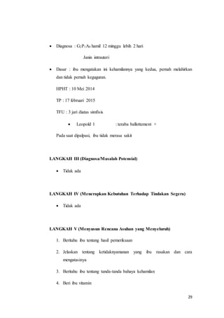 29
 Diagnosa : G2P1A0 hamil 12 minggu lebih 2 hari
Janin intrauteri
 Dasar : ibu mengatakan ini kehamilannya yang kedua, pernah melahirkan
dan tidak pernah keguguran.
HPHT : 10 Mei 2014
TP : 17 februari 2015
TFU : 3 jari diatas simfisis
 Leopold 1 : teraba ballottement +
Pada saat dipalpasi, ibu tidak merasa sakit
LANGKAH III (Diagnosa/Masalah Potensial)
 Tidak ada
LANGKAH IV (Menerapkan Kebutuhan Terhadap Tindakan Segera)
 Tidak ada
LANGKAH V (Menyusun Rencana Asuhan yang Menyeluruh)
1. Beritahu ibu tentang hasil pemeriksaan
2. Jelaskan tentang ketidaknyamanan yang ibu rasakan dan cara
mengatasinya
3. Beritahu ibu tentang tanda-tanda bahaya kehamilan
4. Beri ibu vitamin
 