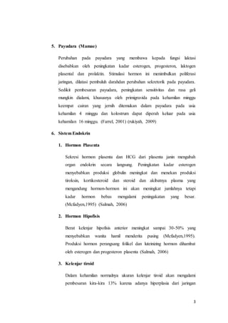3
5. Payudara (Mamae)
Perubahan pada payudara yang membawa kepada fungsi laktasi
disebabkan oleh peningkatan kadar esterogen, progesteron, laktogen
plasental dan prolaktin. Stimulasi hormon ini menimbulkan poliferasi
jaringan, dilatasi pembuluh darahdan perubahan sekretorik pada payudara.
Sedikit pembesaran payudara, peningkatan sensitivitas dan rasa geli
mungkin dialami, khususnya oleh primigravida pada kehamilan minggu
keempat cairan yang jernih ditemukan dalam payudara pada usia
kehamilan 4 minggu dan kolostrum dapat diperah keluar pada usia
kehamilan 16 minggu. (Farrel, 2001) (rukiyah, 2009)
6. Sistem Endokrin
1. Hormon Plasenta
Sekresi hormon plasenta dan HCG dari plasenta janin mengubah
organ endokrin secara langsung. Peningkatan kadar esterogen
menyebabkan produksi globulin meningkat dan menekan produksi
tiroksin, kortikosteroid dan steroid dan akibatnya plasma yang
mengandung hormon-hormon ini akan meningkat jumlahnya tetapi
kadar hormon bebas mengalami peningakatan yang besar.
(Mcfadyen,1995) (Salmah, 2006)
2. Hormon Hipofisis
Berat kelenjar hipofisis anterior meningkat sampai 30-50% yang
menyebabkan wanita hamil menderita pusing (Mcfadyen,1995).
Produksi hormon perangsang folikel dan luteinizing hormon dihambat
oleh esterogen dan progesteron plasenta (Salmah, 2006)
3. Kelenjar tiroid
Dalam kehamilan normalnya ukuran kelenjar tiroid akan mengalami
pembesaran kira-kira 13% karena adanya hiperplasia dari jaringan
 