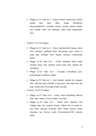 9
 Minggu ke-12/ bulan ke-3 : Embrio berubah menjadi janin. Denyut
jantung janin dapat dilihat dengan pemeriksaan
ultrasonografi(USG), berbentuk manusia, gerakan pertama dimulai,
jenis kelamin sudah bisa ditentukan, ginjal sudah memproduksi
urine.
- Trimester II (13-28 minggu)
 Minggu ke-16/ bulan ke-4 : Sistem muskuloskeletal matang, sistem
saraf terkontrol, pembuluh darah berkembang cepat, denyut ja
ntung janin terdengar lewat doppler, panckeas memproduksi
insulin.
 Minggu ke-20/ bulan ke-5 : Verniks melindungi tubuh, lanugo
menutupi tubuh, janin membuat jadwal untuk tidur, menelan dan
menendang .
 Minggu ke-24/ bulan ke-6 : Kerangka berkembang cepat,
perkembangan pernafasan dimulai.
 Minggu ke-28/ bulan ke-7 : Janin bernafas, menelan dan mengatur
suhu, surfactant mulai terbentuk di paru-paru, mata mulai buka dan
tutup, bentuk janin dua pertiga bentuk saat lahir.
- Trimester III (29-42 minggu)
 Minggu ke-32/ bulan ke-8 : Lemak coklat berkembang dibawah
kulit, mulai simpan zat besi, kalsium, dan fosfor.
 Minggu ke-38/ bulan ke-9 : Seluruh uterus digunakan bayi
sehingga tidak bisa bergerak banyak, antibodi ibu di transfer ke
bayi untuk mencapai kekebalan untuk 6bulan pertama sampai
kekebalan bayi bekerja sendiri (Prawirohardjo,1999) (rukiyah,
2009).
 