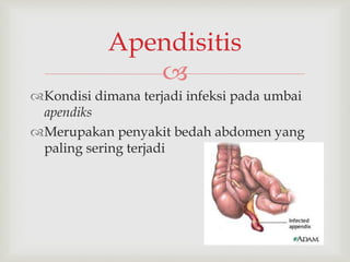 
Kondisi dimana terjadi infeksi pada umbai
apendiks
Merupakan penyakit bedah abdomen yang
paling sering terjadi
Apendisitis
 