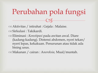 
 Aktivitas / istirahat : Gejala : Malaise.
 Sirkulasi : Takikardi.
 Eliminasi : Konstipasi pada awitan awal. Diare
(kadang-kadang). Distensi abdomen, nyeri tekan/
nyeri lepas, kekakuan. Penurunan atau tidak ada
bising usus.
 Makanan / cairan : Anoreksia, Mual/muntah.
Perubahan pola fungsi
 