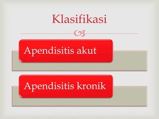 
Apendisitis akut
Apendisitis kronik
Klasifikasi
 