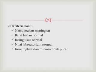 
 Kriteria hasil:
 Nafsu makan meningkat
 Berat badan normal
 Bising usus normal
 Nilai laboratorium normal
 Konjungtiva dan mukosa tidak pucat
 
