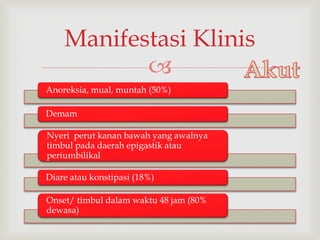 
Anoreksia, mual, muntah (50%)
Demam
Nyeri perut kanan bawah yang awalnya
timbul pada daerah epigastik atau
periumbilikal
Diare atau konstipasi (18%)
Onset/ timbul dalam waktu 48 jam (80%
dewasa)
Manifestasi Klinis
 