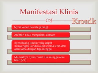 
Nyeri kanan bawah (jarang)
Afebril/ tidak mengalami demam
nyeri hilang timbul yang dapat
menyerupai kondisi akut selama lebih dari
atau sama dengan tiga minggu
Munculnya nyeri/onset dua minggu atau
lebih (2%)
Manifestasi Klinis
 