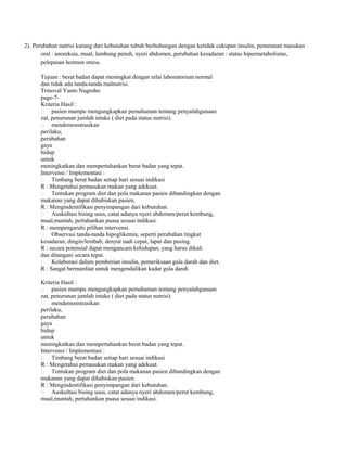 2). Perubahan nutrisi kurang dari kebutuhan tubuh berhubungan dengan ketidak cukupan insulin, penurunan masukan
oral : anoreksia, mual, lambung penuh, nyeri abdomen, perubahan kesadaran : status hipermetabolisme,
pelepasan hormon stress.
Tujuan : berat badan dapat meningkat dengan nilai laboratorium normal
dan tidak ada tanda-tanda malnutrisi.
Trinoval Yanto Nugroho
page-7Kriteria Hasil :
 pasien mampu mengungkapkan pemahaman tentang penyalahgunaan
zat, penurunan jumlah intake ( diet pada status nutrisi).
 mendemonstrasikan
perilaku,
perubahan
gaya
hidup
untuk
meningkatkan dan mempertahankan berat badan yang tepat.
Intervensi / Implementasi :
 Timbang berat badan setiap hari sesuai indikasi
R : Mengetahui pemasukan makan yang adekuat.
 Tentukan program diet dan pola makanan pasien dibandingkan dengan
makanan yang dapat dihabiskan pasien.
R : Mengindentifikasi penyimpangan dari kebutuhan.
 Auskultasi bising usus, catat adanya nyeri abdomen/perut kembung,
mual,muntah, pertahankan puasa sesuai indikasi.
R : mempengaruhi pilihan intervensi.
 Observasi tanda-tanda hipoglikemia, seperti perubahan tingkat
kesadaran, dingin/lembab, denyut nadi cepat, lapar dan pusing.
R : secara potensial dapat mengancam kehidupan, yang harus dikali
dan ditangani secara tepat.
 Kolaborasi dalam pemberian insulin, pemeriksaan gula darah dan diet.
R : Sangat bermanfaat untuk mengendalikan kadar gula darah
Kriteria Hasil :
 pasien mampu mengungkapkan pemahaman tentang penyalahgunaan
zat, penurunan jumlah intake ( diet pada status nutrisi).
 mendemonstrasikan
perilaku,
perubahan
gaya
hidup
untuk
meningkatkan dan mempertahankan berat badan yang tepat.
Intervensi / Implementasi :
 Timbang berat badan setiap hari sesuai indikasi
R : Mengetahui pemasukan makan yang adekuat.
 Tentukan program diet dan pola makanan pasien dibandingkan dengan
makanan yang dapat dihabiskan pasien.
R : Mengindentifikasi penyimpangan dari kebutuhan.
 Auskultasi bising usus, catat adanya nyeri abdomen/perut kembung,
mual,muntah, pertahankan puasa sesuai indikasi.

 