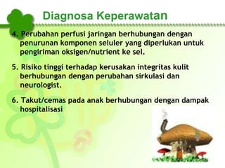 Diagnosa Keperawatan
4. Perubahan perfusi jaringan berhubungan dengan
penurunan komponen seluler yang diperlukan untuk
pengiriman oksigen/nutrient ke sel.
5. Risiko tinggi terhadap kerusakan integritas kulit
berhubungan dengan perubahan sirkulasi dan
neurologist.
6. Takut/cemas pada anak berhubungan dengan dampak
hospitalisasi
 