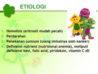 ETIOLOGI
1. Hemolisis (eritrosit mudah pecah)
2. Perdarahan
3. Penekanan sumsum tulang (misalnya oleh kanker)
4. Defisiensi nutrient (nutrisional anemia), meliputi
defisiensi besi, folic acid, piridoksin, vitamin C dll
 