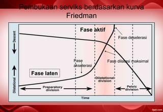 Pembukaan serviks berdasarkan kurva
Friedman
Fase laten
Fase aktif
Fase
akselerasi
Fase dilatasi maksimal
Fase deselerasi
 