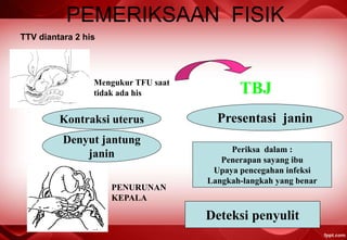 PEMERIKSAAN FISIK
Mengukur TFU saat
tidak ada his TBJ
Kontraksi uterus
Denyut jantung
janin
Presentasi janin
Periksa dalam :
Penerapan sayang ibu
Upaya pencegahan infeksi
Langkah-langkah yang benar
Deteksi penyulit
PENURUNAN
KEPALA
TTV diantara 2 his
 