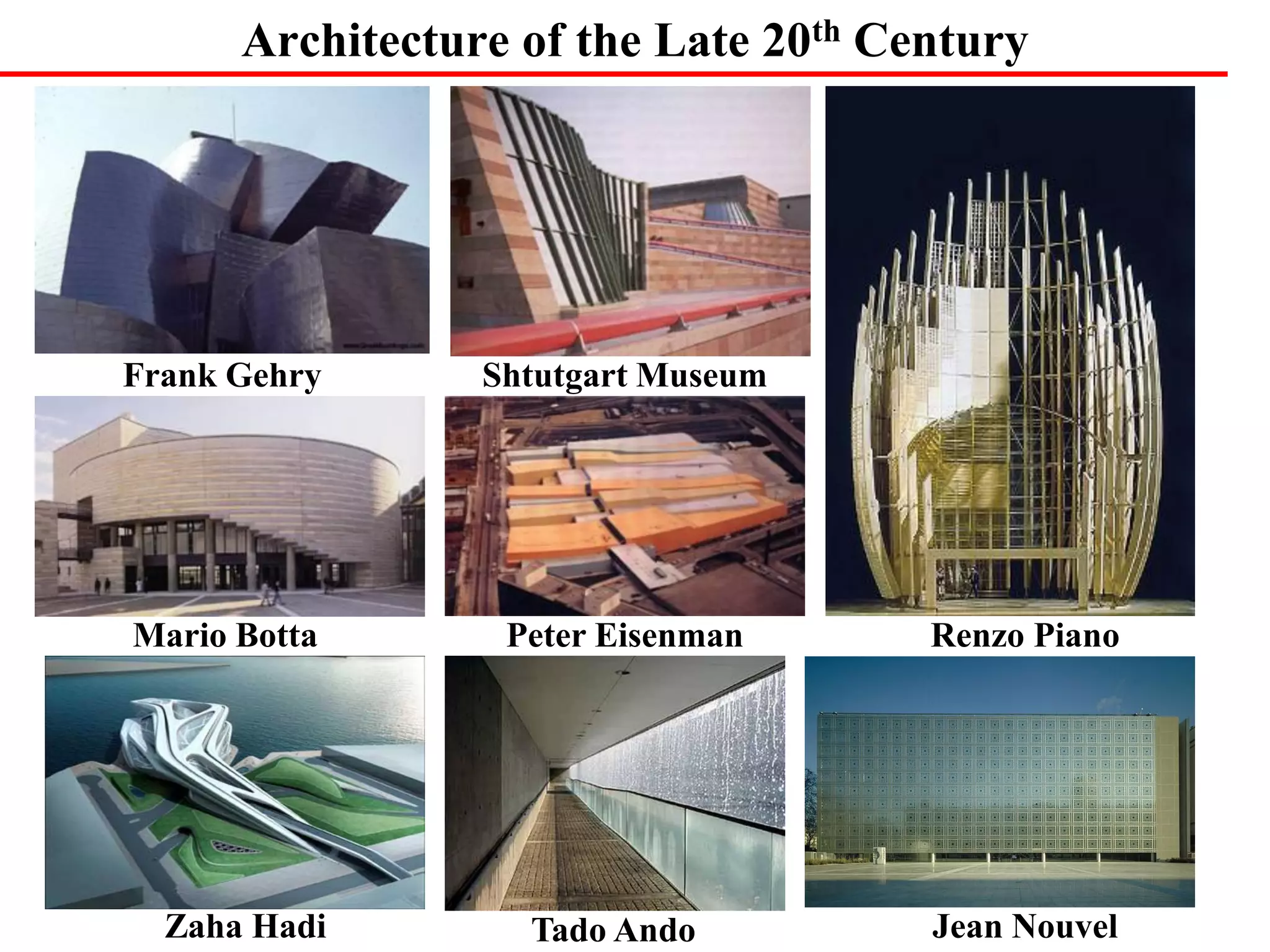 Architecture of the Late 20th Century
Frank Gehry Shtutgart Museum
Mario Botta Peter Eisenman Renzo Piano
Zaha Hadi Tado Ando Jean Nouvel
 