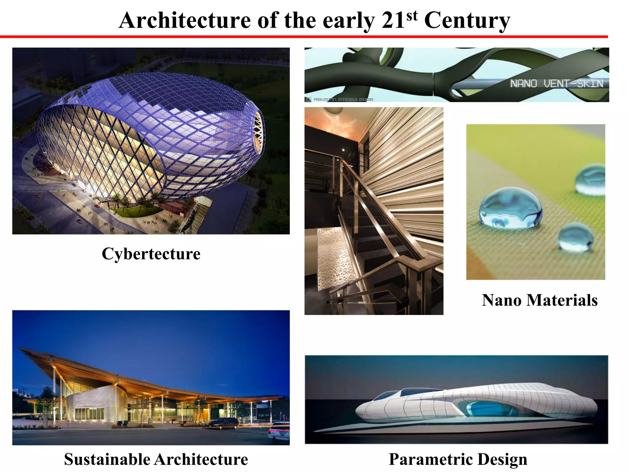 Architecture of the early 21st Century
Cybertecture
Sustainable Architecture
Nano Materials
Parametric Design
 