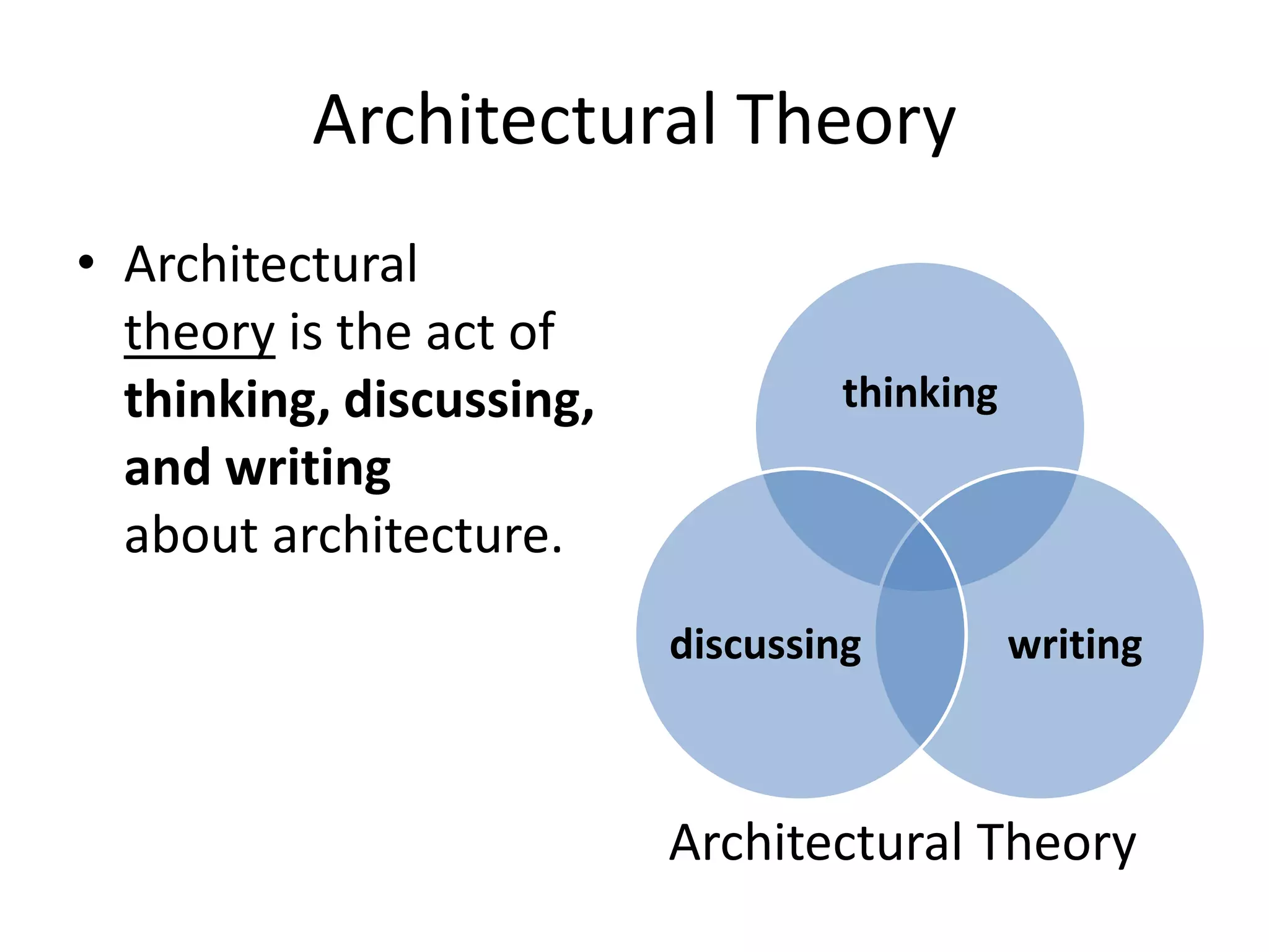 Architectural Theory
• Architectural
theory is the act of
thinking, discussing,
and writing
about architecture.
thinking
writingdiscussing
Architectural Theory
 