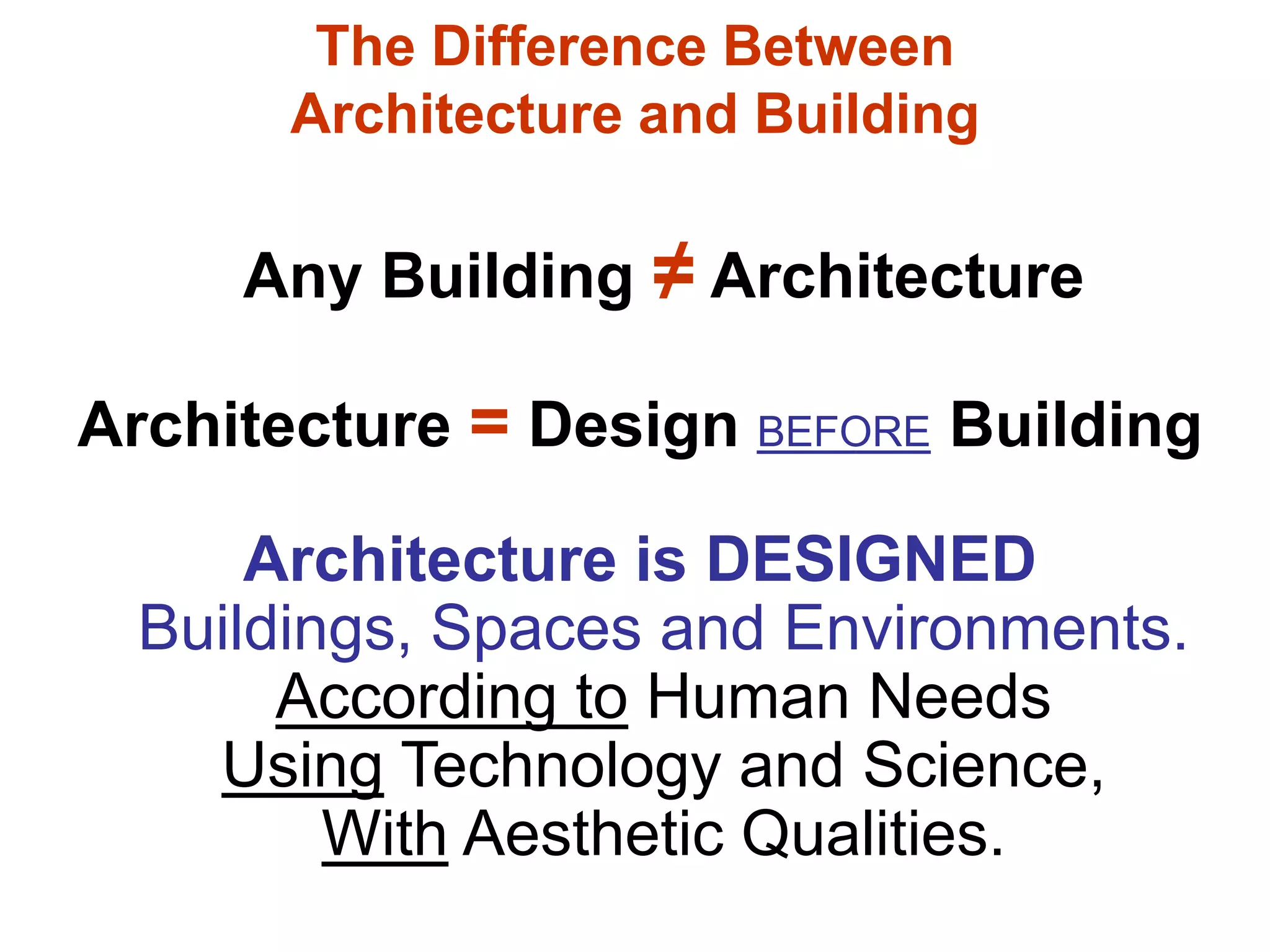 The Difference Between
Architecture and Building
Any Building ≠ Architecture
Architecture = Design BEFORE Building
Architecture is DESIGNED
Buildings, Spaces and Environments.
According to Human Needs
Using Technology and Science,
With Aesthetic Qualities.
 