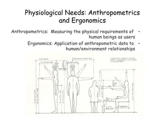 Physiological Needs: Anthropometrics
and Ergonomics
–Anthropometrics: Measuring the physical requirements of
human beings as users
–Ergonomics: Application of anthropometric data to
human/environment relationships
 