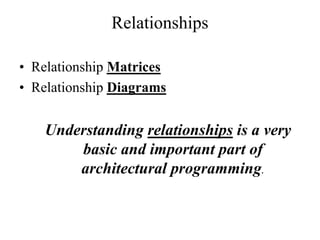 Relationships
• Relationship Matrices
• Relationship Diagrams
Understanding relationships is a very
basic and important part of
architectural programming.
 