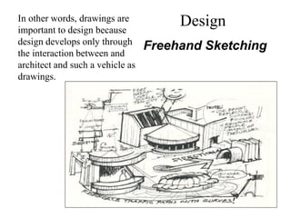 In other words, drawings are
important to design because
design develops only through
the interaction between and
architect and such a vehicle as
drawings.
Freehand Sketching
Design
 