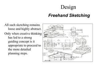 All such sketching remains
loose and highly abstract.
Only when creative thinking
has led to a strong
guiding concept is it
appropriate to proceed to
the more detailed
planning steps.
Freehand Sketching
Design
 