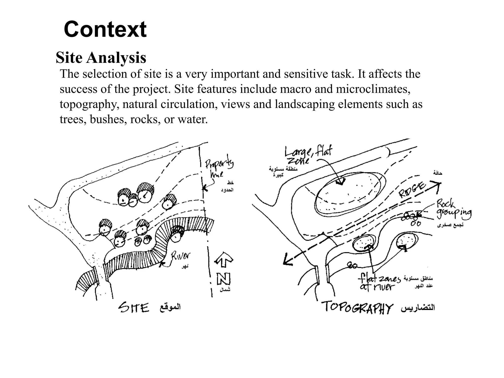 Site Analysis
The selection of site is a very important and sensitive task. It affects the
success of the project. Site features include macro and microclimates,
topography, natural circulation, views and landscaping elements such as
trees, bushes, rocks, or water.
Context
 