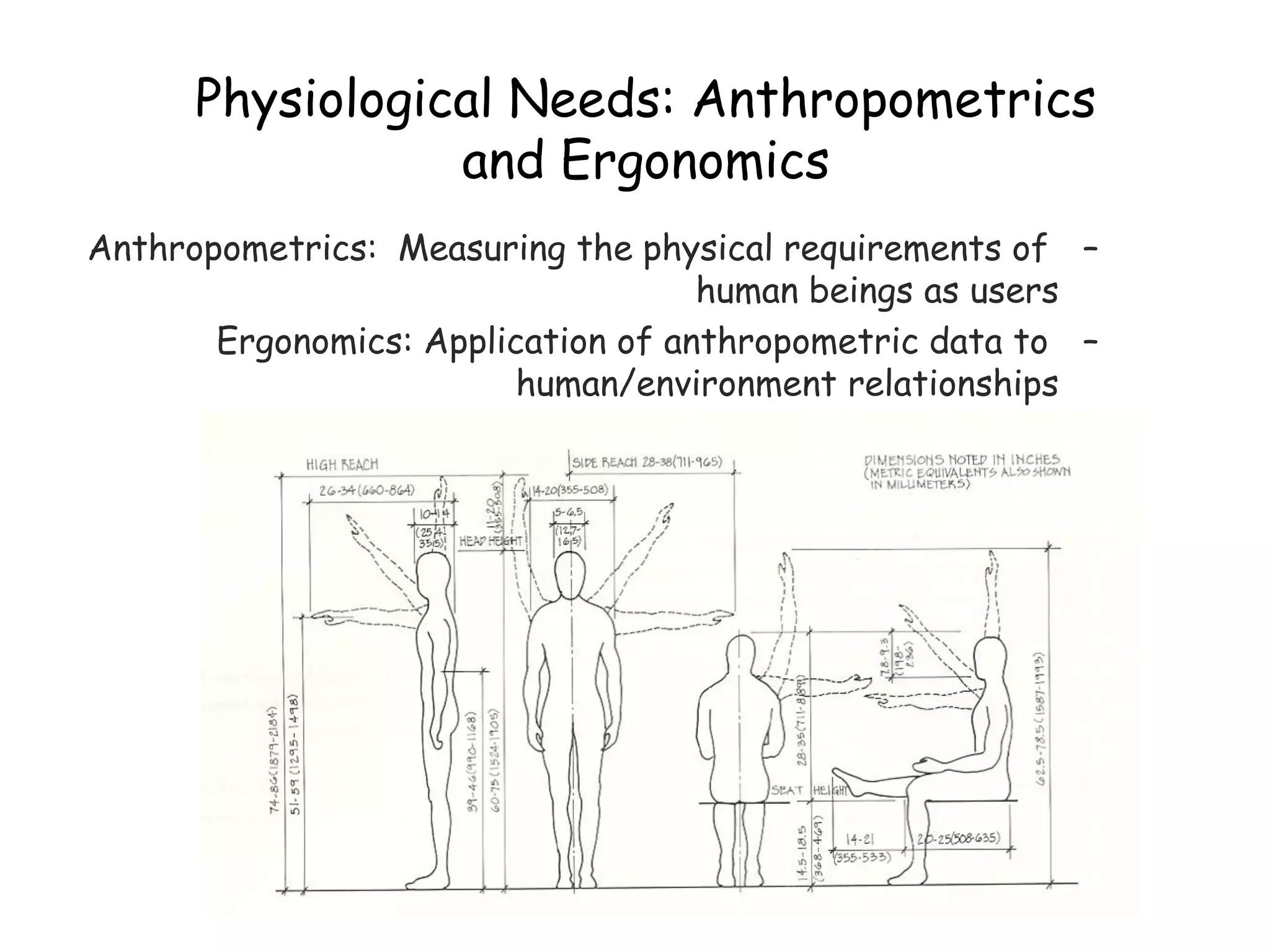 Physiological Needs: Anthropometrics
and Ergonomics
–Anthropometrics: Measuring the physical requirements of
human beings as users
–Ergonomics: Application of anthropometric data to
human/environment relationships
 