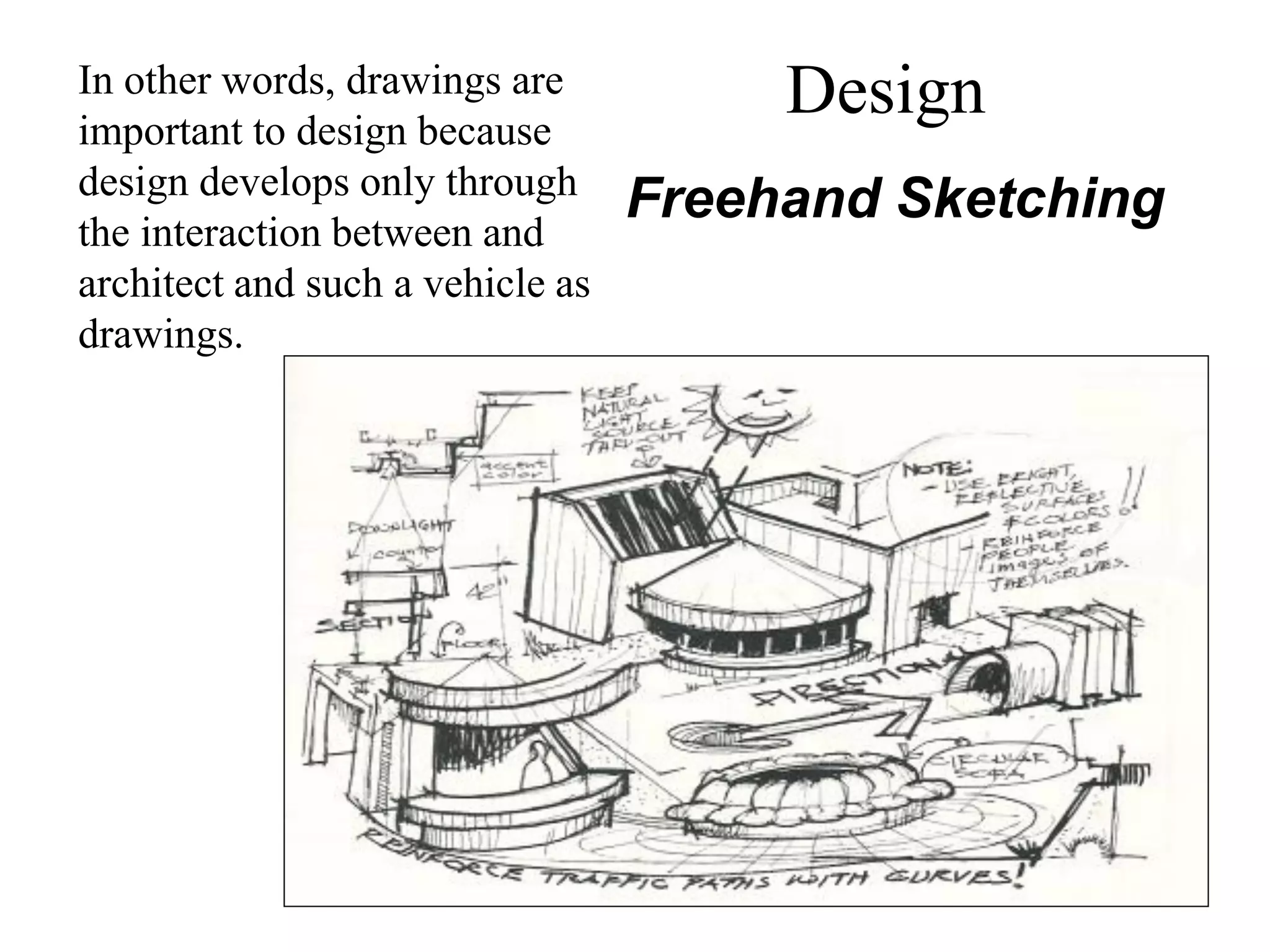 In other words, drawings are
important to design because
design develops only through
the interaction between and
architect and such a vehicle as
drawings.
Freehand Sketching
Design
 