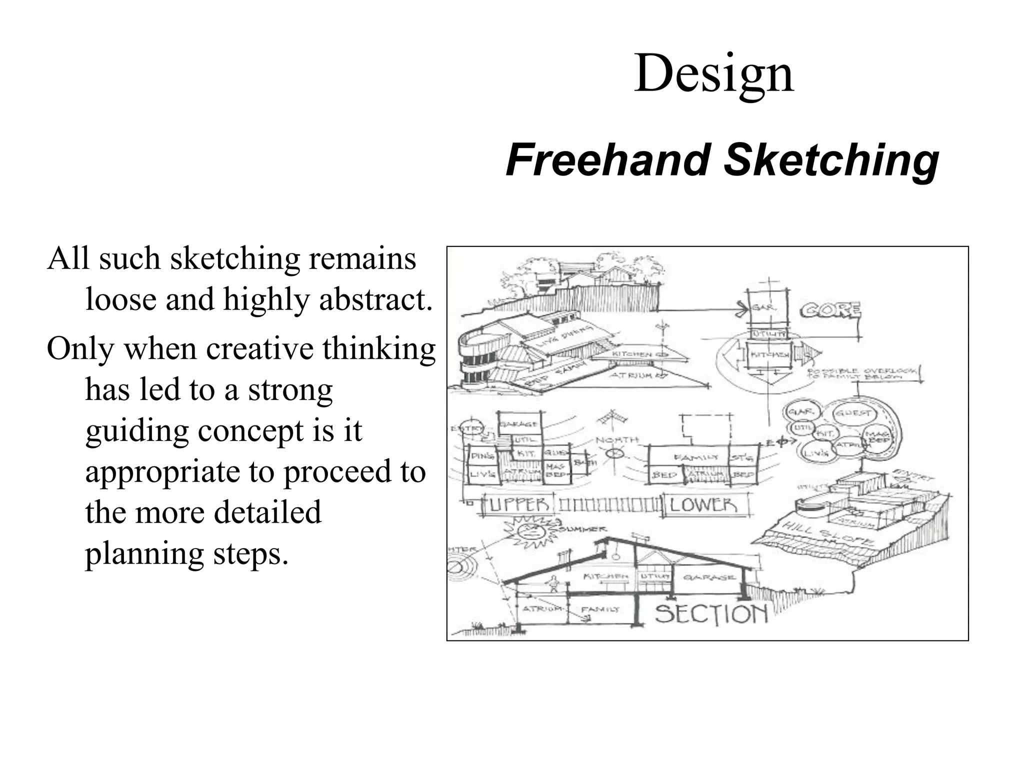 All such sketching remains
loose and highly abstract.
Only when creative thinking
has led to a strong
guiding concept is it
appropriate to proceed to
the more detailed
planning steps.
Freehand Sketching
Design
 