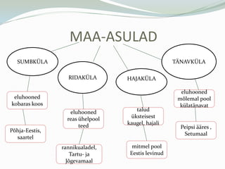 MAA-ASULADTÄNAVKÜLASUMBKÜLARIDAKÜLAHAJAKÜLAeluhooned mõlemal pool külatänavateluhoonedkobaraskoostaludüksteisestkaugel, hajalieluhoonedreasühelpool teedPeipsiääres , SetumaalPõhja-Eestis, saartelmitmel pool Eestislevinudrannikualadel, Tartu- ja Jõgevamaal