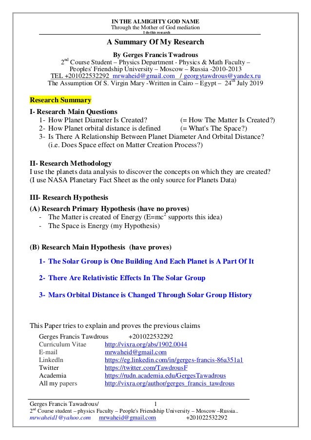 A Summary Of My Research