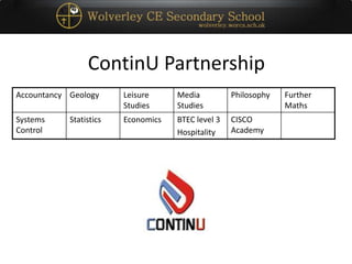 ContinU Partnership
Accountancy Geology Leisure
Studies
Media
Studies
Philosophy Further
Maths
Systems
Control
Statistics Economics BTEC level 3
Hospitality
CISCO
Academy
 