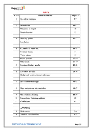 MIT SCHOOL OF MANAGEMENT Page | 5
INDEX
S. No Detailed Contents Page No
1 Executive Summary 8-9
2 Introduction 10-11
Objectives of project 10
Scope of project 11
3 Industry profile 12-13
Introduction
4 COMPANY PROFILE 14-18
Company history 14
Vision mission 15
Global presence 15-16
Other details 17-19
5 Services / Product profile 20-28
6 Literature review: 29-39
Background sources, internet references
7 Researchmethodology: 40-43
8 Data analysis and interpretation: 44-57
9 Observations /Findings 58-59
10 Suggestions/ Recommendations 60
11 Conclusions 61
APPENDIX
i Bibliography NA
ii Annexure - questionnaire NA
 